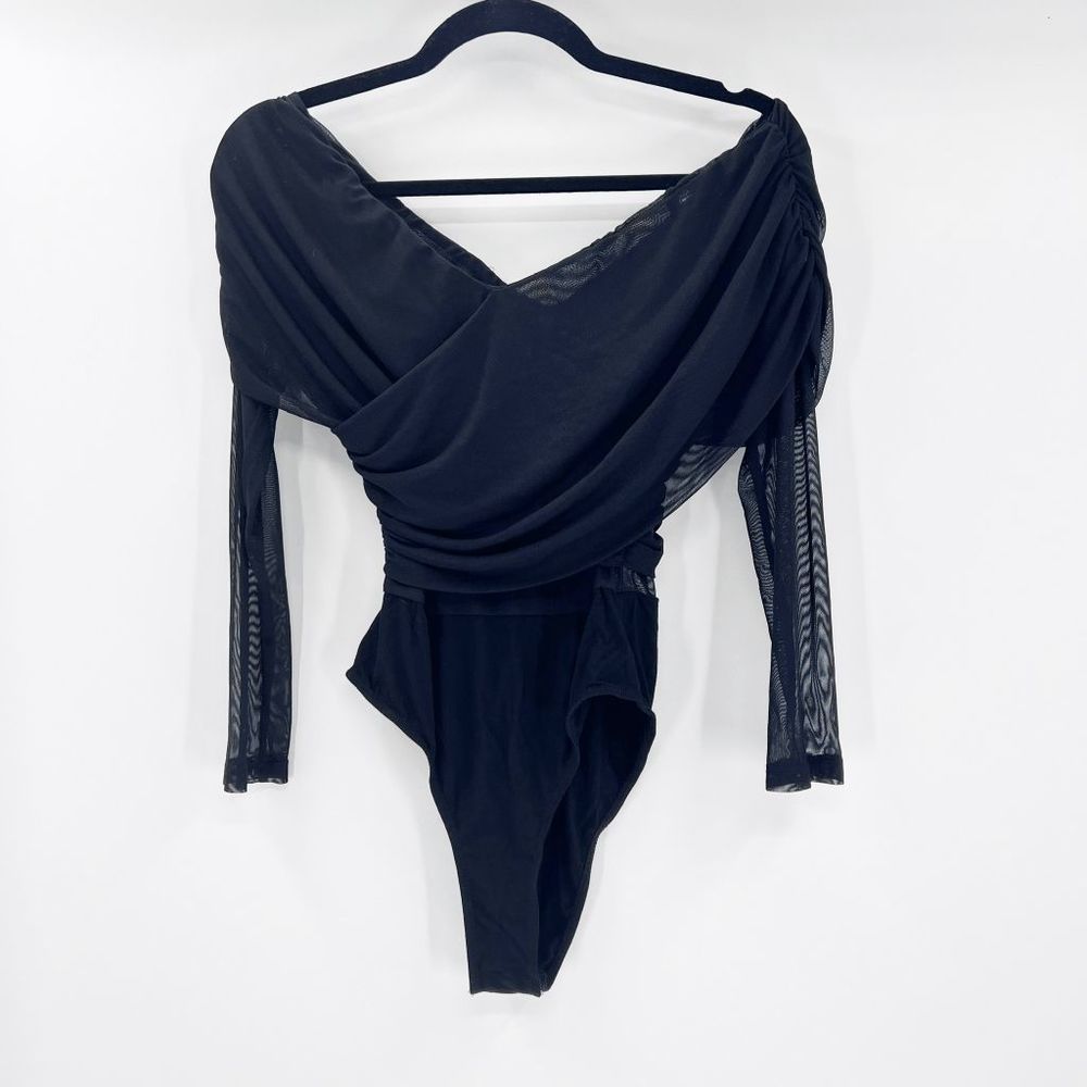 Anthropologie Black Draped Bodysuit with Sheer Sleeves